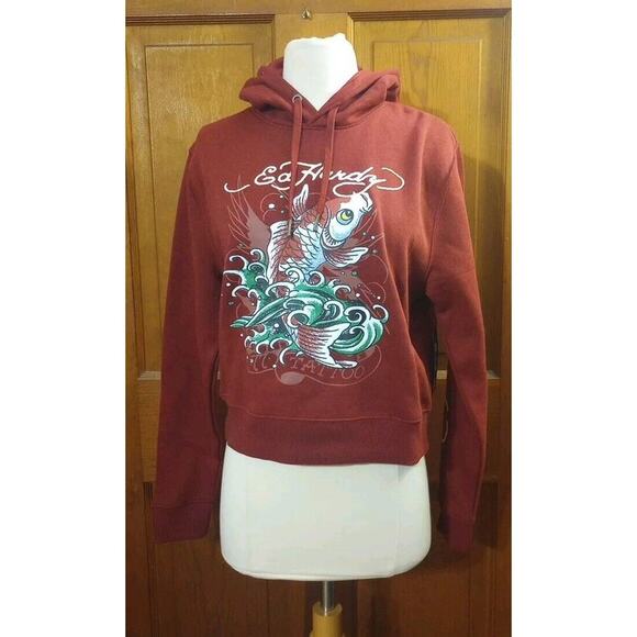 Ed Hardy Woman’s Koi Fish Hoodie New Sz M Graphic Maroon Crop Tattoo Retro Y2K - Picture 1 of 9